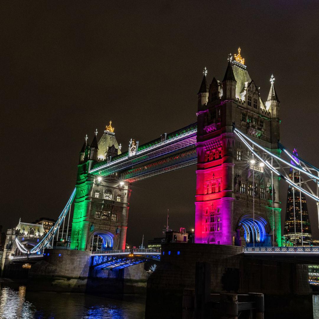 Tower Bridge lit up in Bangladesh colours